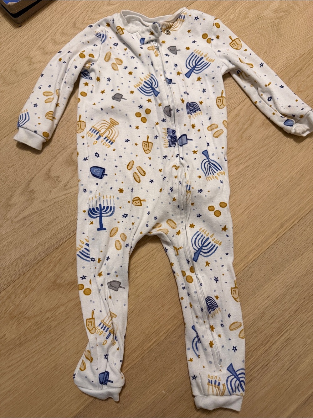 Pottery Barn Kids White Footie Pajamas with Blue and Gold Hanukkah Prints
